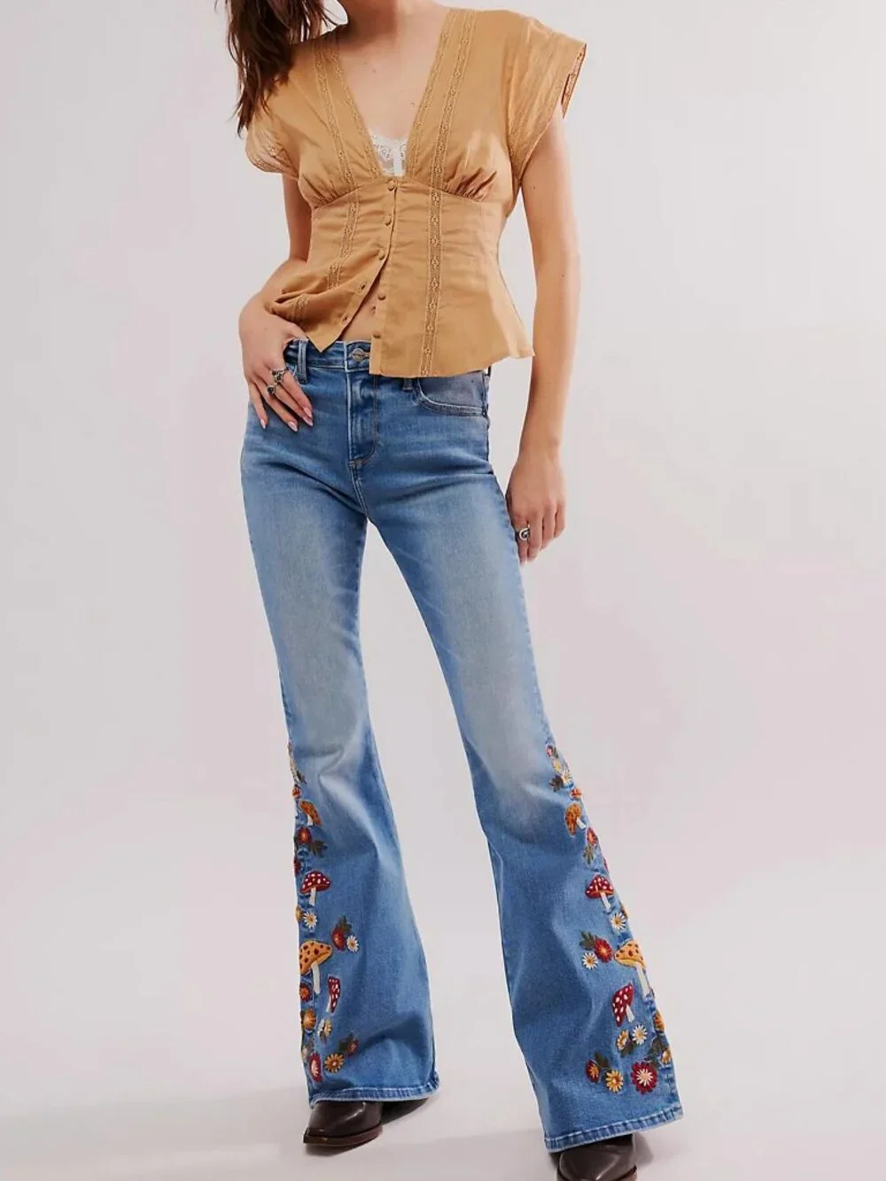 NEW Free People x Driftwood Farrah Embroidered Flare Jeans Mushroom 32
